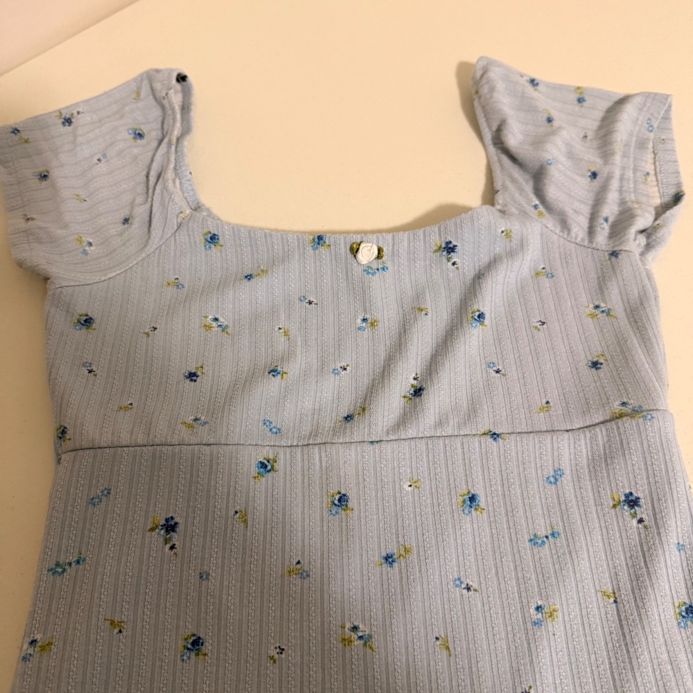 Forever 21 Light Blue Floral Ribbed Mini Dress Square Neck Lettuce Hem XS